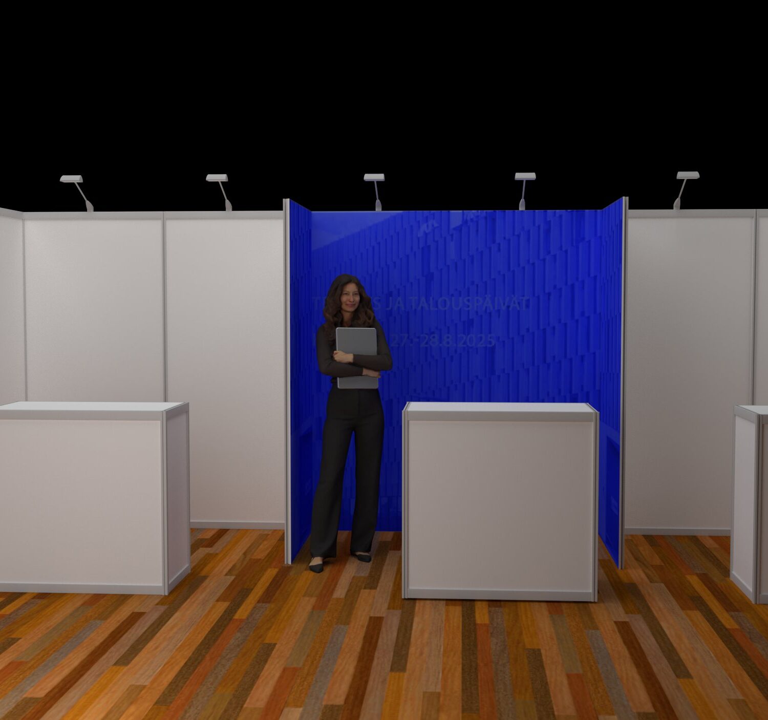 2 x 2 m ja 2 x 1,5 m näyttelypaikan brändäys takaseinän ja sivuseinien tulosteilla