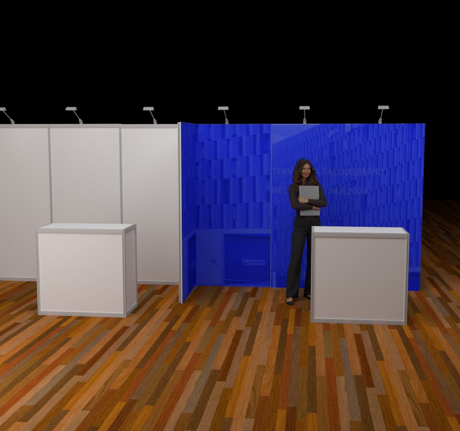 3x2m näyttelypaikan takaseinän ja sivuseinän brändäys takaseinän tulosteella